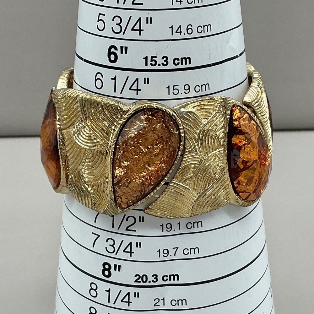 Stretch Bracelet Women Gold Tone Amber Foil Tear Drop Textured Wide Statement - Picture 6 of 6